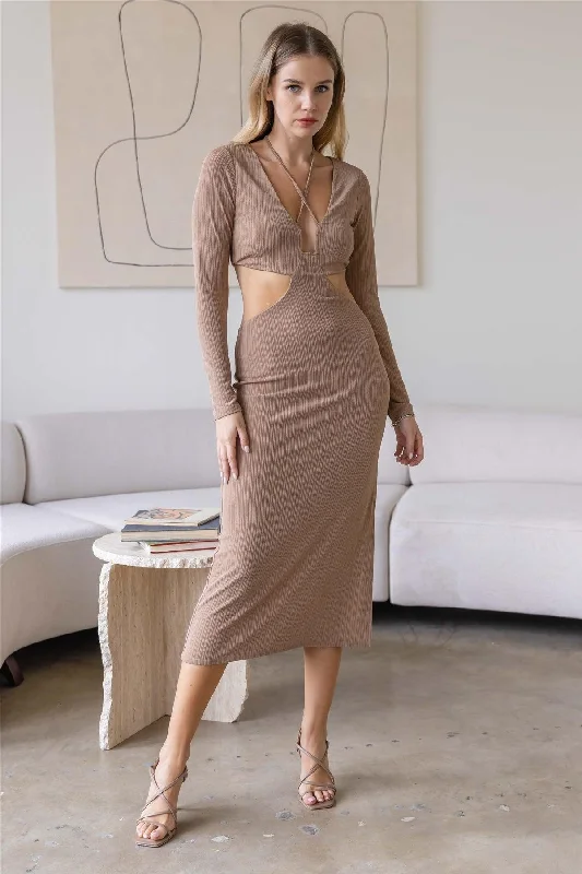 Casual Fashion for Women Mocha Texture Criss Cross Cut Out Long Sleeve Dress /3-2-1