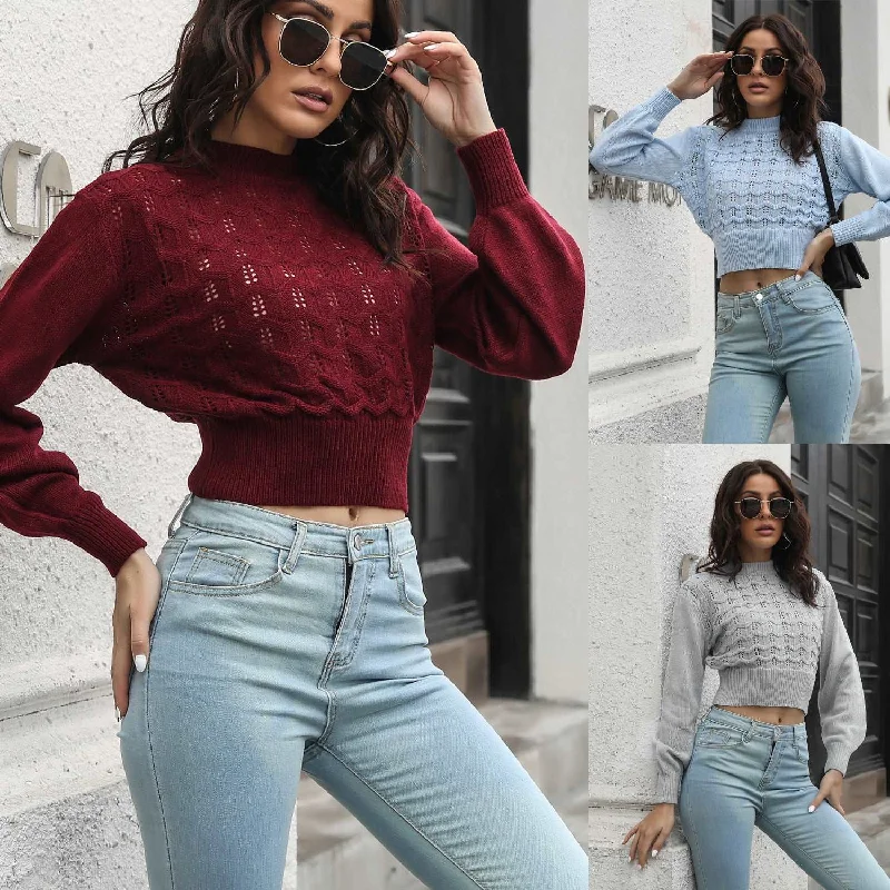 Trendy Street Style Attire Lantern Sleeve Hollow Knitted Midriff-baring Sweater