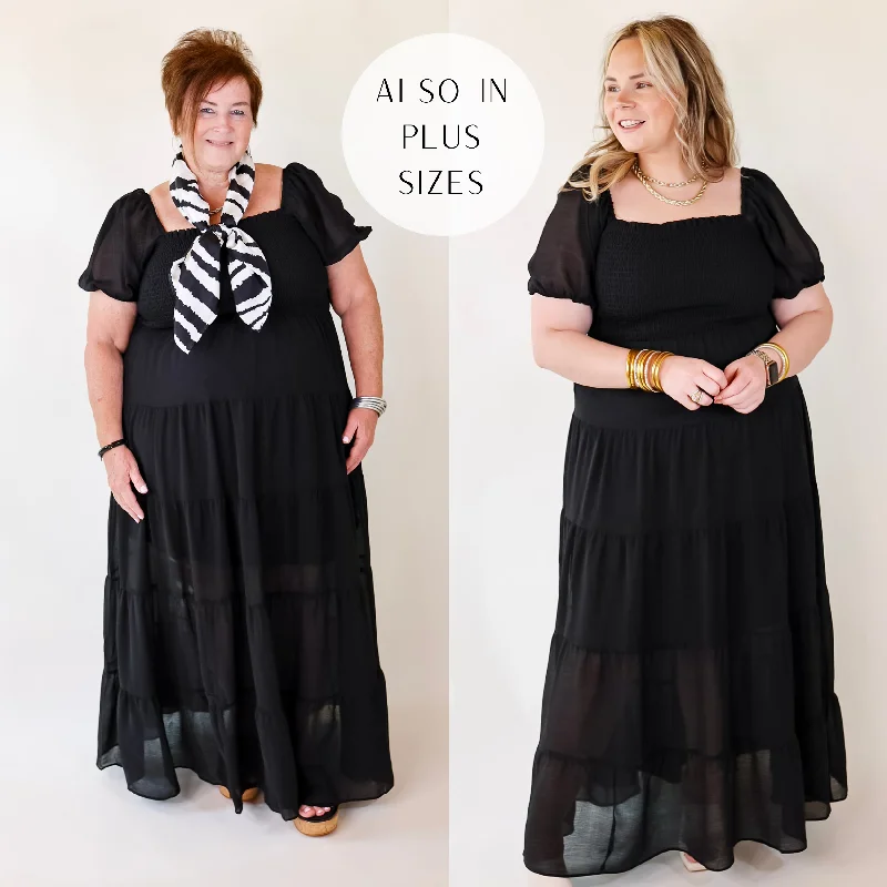 Chic Women's Outfit Ideas Honeysuckle Love Tiered Maxi Dress with Smocked Bodice in Black