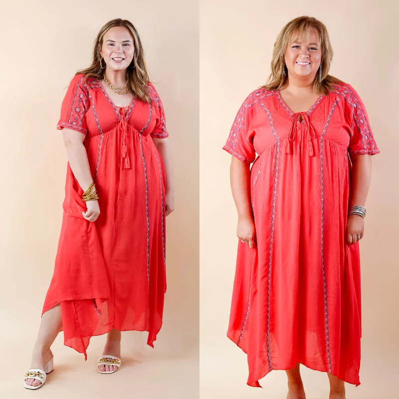 Clothing Online LAST CHANCE SIZE SMALL & MEDIUM | Just For You Embroidered Maxi Dress with Tassel Tie Neck in Coral