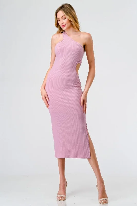 Casual Fashion Trends for Women Pink Ribbed One Shoulder Cut-Out Side Midi Dress /1-2-2-1