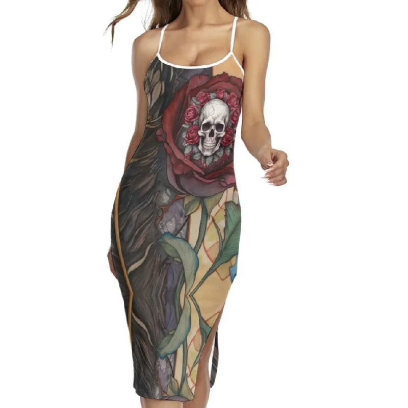 Effortless Chic Apparel Women's Gothic Floral Skull Back Cross Cami Maxi Dress