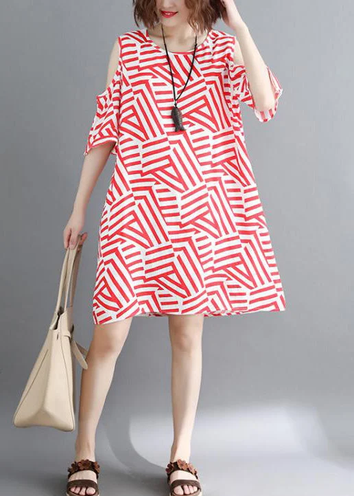 Sales For Clothes Handmade red striped Cotton clothes Women Omychic off the shoulder daily Summer Dress