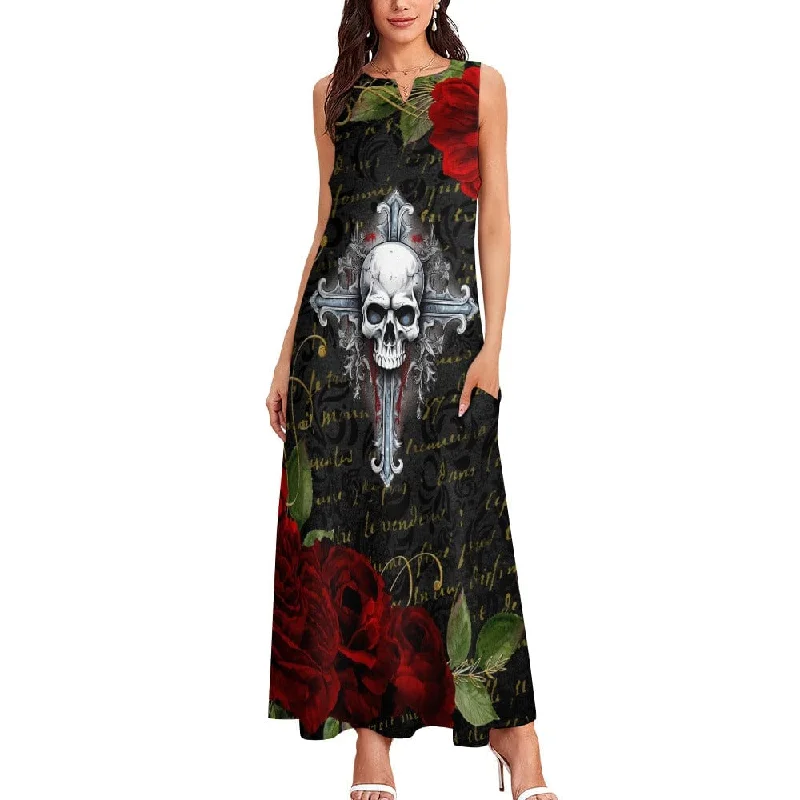 Cool Prices Women's Skull Cross Red Roses Long Gothic Dress