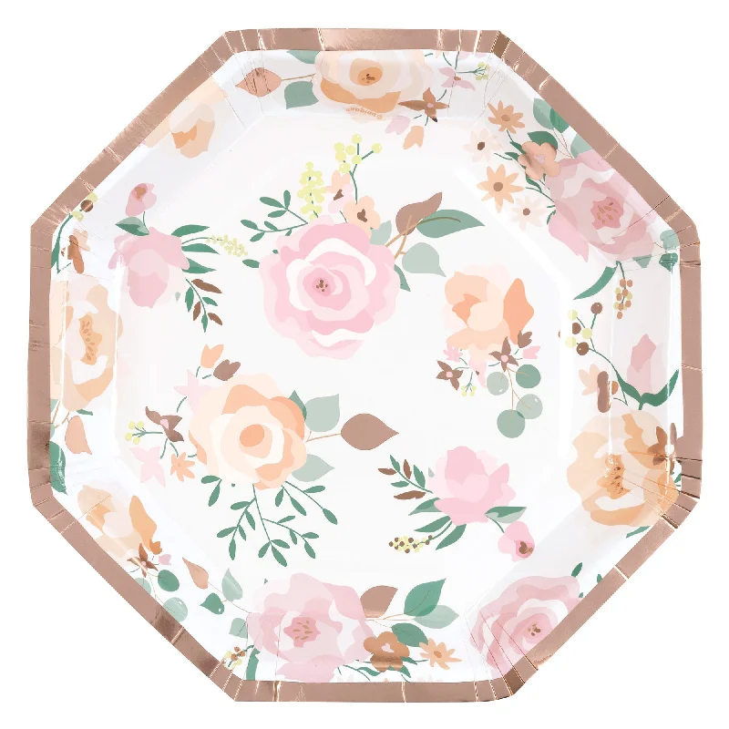 Casual Fashion Pink Blooms Wedding Small Octagonal Dessert Paper Plates, 7 Inches, 8 Count