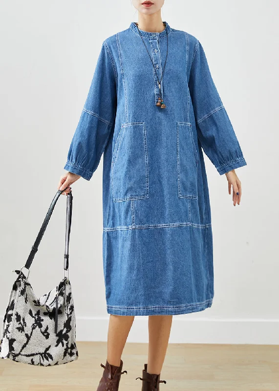 Colorful Clothing Light Blue Loose Cotton Mid Dress Stand Collar Pockets Fall