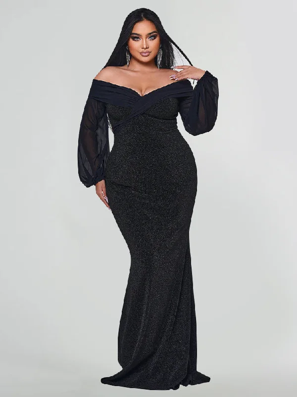 The Latest Trends Off Shoulder Lantern Sleeve Mermaid Hem Glitter Dress