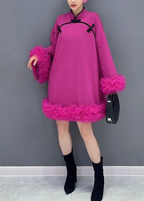 Comfy Women's Outfits for Daily Wear Chinese Style Rose Stand Collar Tulle Patchwork Mid Dress Long Sleeve