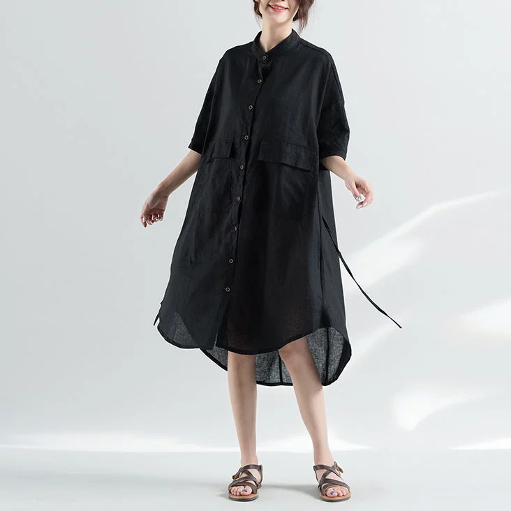 Athleisure Wear women black natural cotton dress oversize clothing dresses 2018 half sleeve Stand natural cotton dress