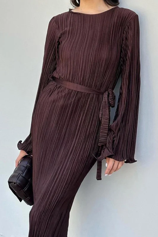 Timeless Elegance Redefined Pleated Long Flares Sleeve Tie-waist Dress