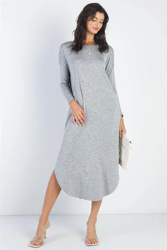 Unbeatable Deals Heather Grey Long Sleeve Midi Dress /1-1-1