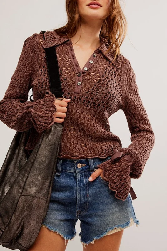 Casual and Comfortable Outfits Free People Pointelle Pullover Sweater - CHICORY COFFEE