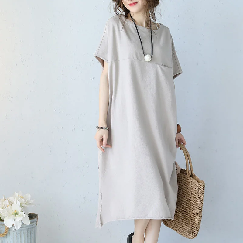 The Epitome Of Modern Women's Fashion women khaki cotton dress oversize traveling dress boutique short sleeve o neck natural cotton dress