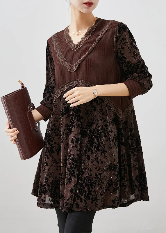 Fashionista Favorites Chocolate Jacquard Patchwork Silk Velour Dresses V Neck Fall