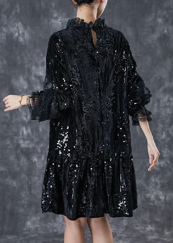 Forward Trendsetter Elegant Black Sequins Patchwork Velour Mid Dresses Spring