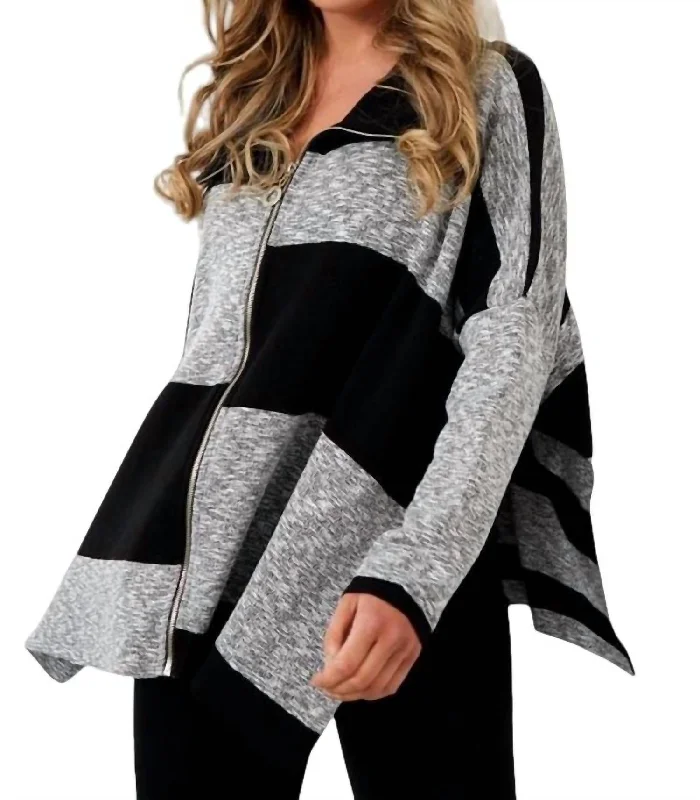 High-End Women's Apparel Color Block Zip Poncho In Black