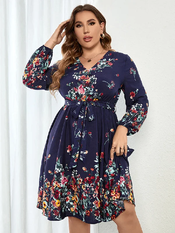 Women's Trendy Outfits Plus Blue Floral Wrap Lantern Sleeve Midi Dress