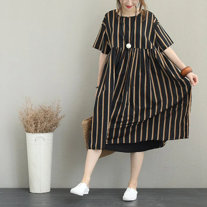 Hot Brand Discounts boutique striped silk linen dress plus size linen cotton dress vintage o neck short sleeve clothing