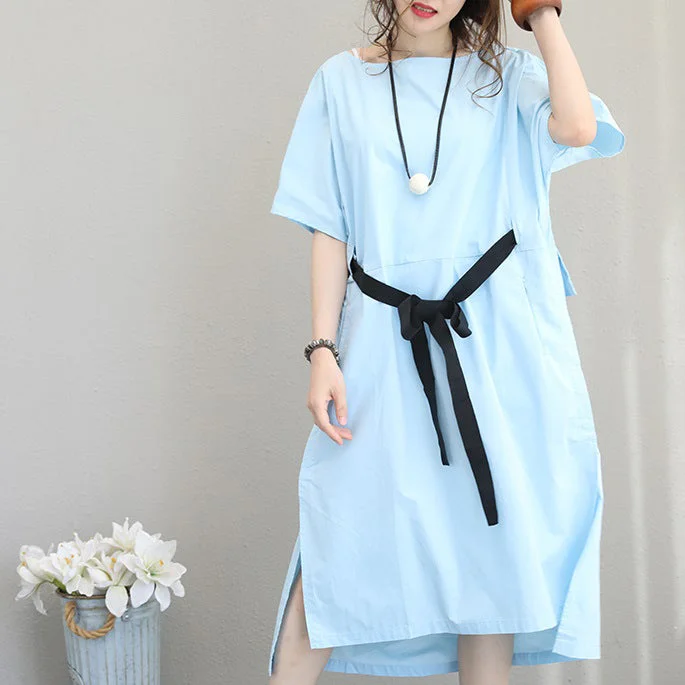 Absurdly Cheap Sale Fine blue linen dress plus size clothing linen clothing dress boutique side open tie waist linen cotton dress