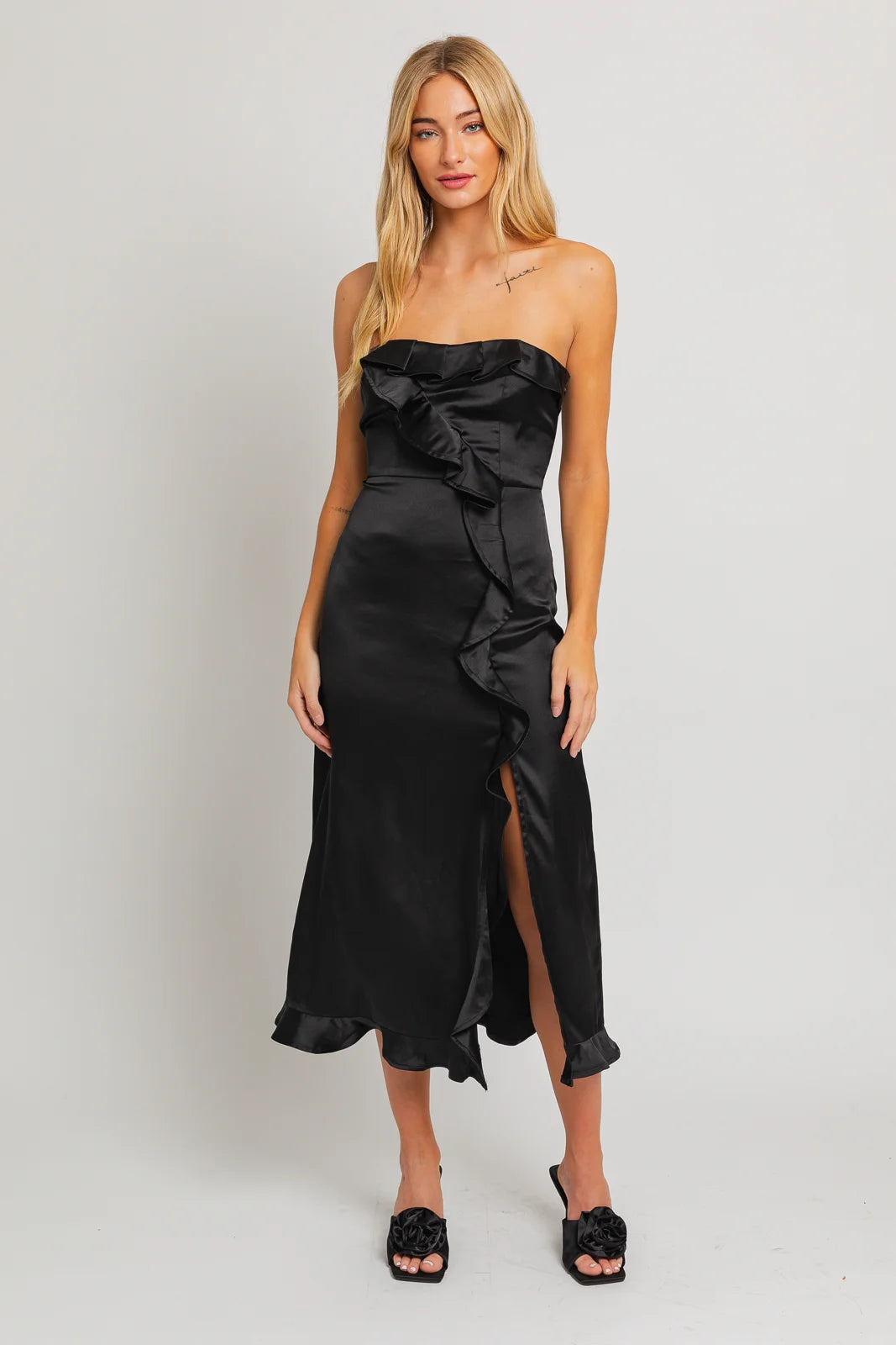 Sale Event, Prices Rock Satin Strapless Ruffle Front Slit Midi Dress