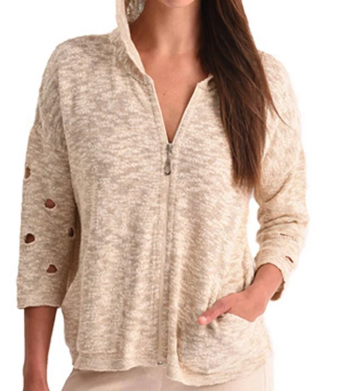 Outlet Clothing Crochet Cut Out Hooded Zip Cardigan In Sand