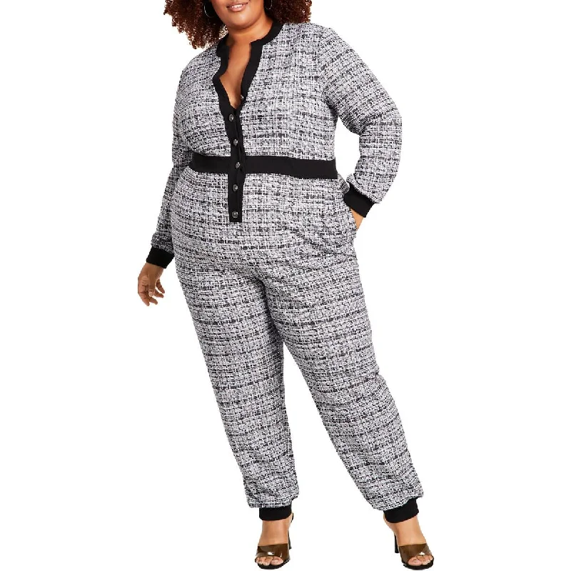 Vibrant Femme Fashion Nina Parker Womens Plus Tweed Jogger Leg Jumpsuit