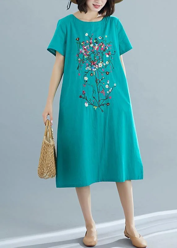 Chic & Cozy Collection Loose green prints Cotton dresses Women pattern o neck Plus Size summer Dresses