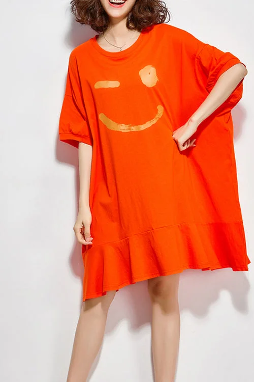 Premium Fashion Women orange Cotton dresses Fitted Sewing o neck half sleeve Knee summer Dress