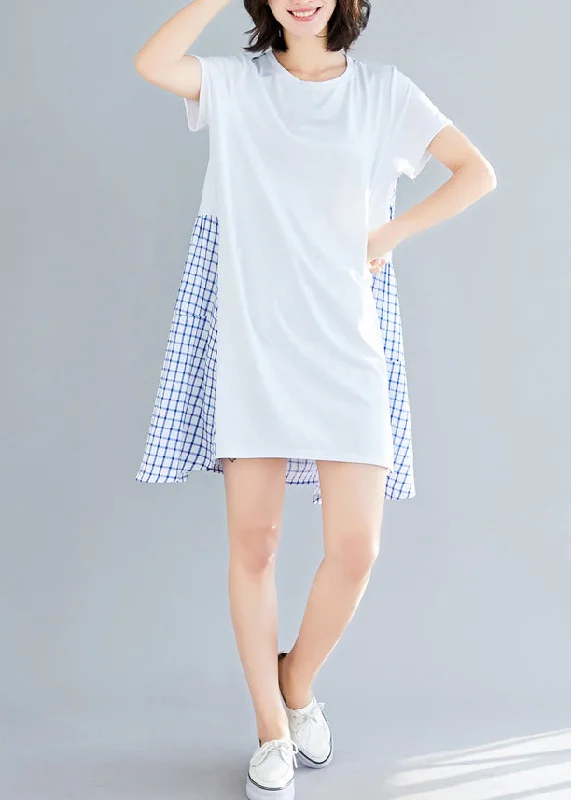 Stylish Women's Clothes for Work and Play Simple large hem Cotton clothes Women Indian Shirts blue Plaid Knee Dress Summer