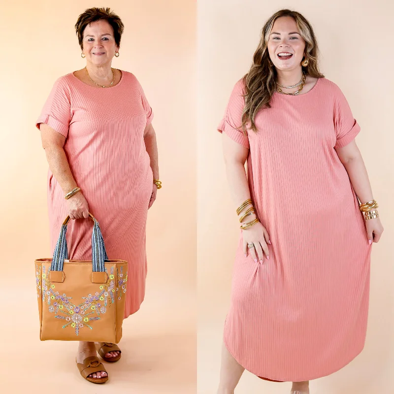 Online Boutique Clothing Chill Looks Short Sleeve Ribbed Midi Dress in Dusty Rose