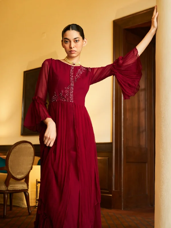 Casual Chic Clothing MAGENTA PINK PURE GEORGETTE GOWN WITH INTRICATE HANDWORK EMBROIDERY