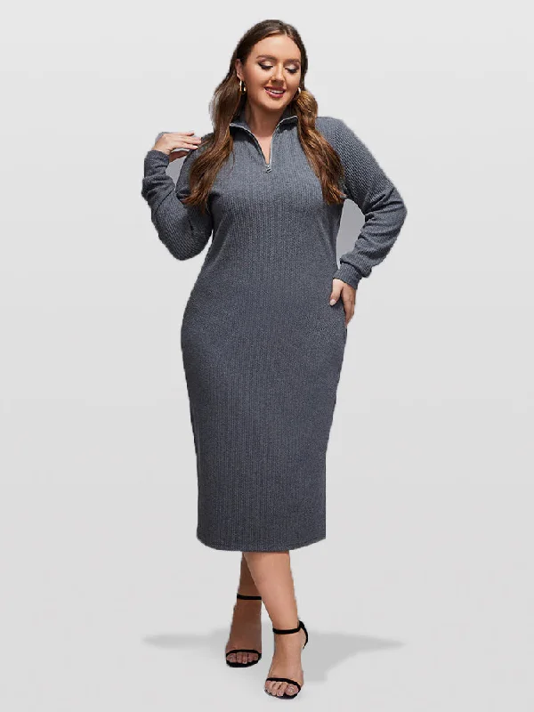 Women's Trendy Outfits Plus Grey Band Collar Zipper Split Midi Knit Dress