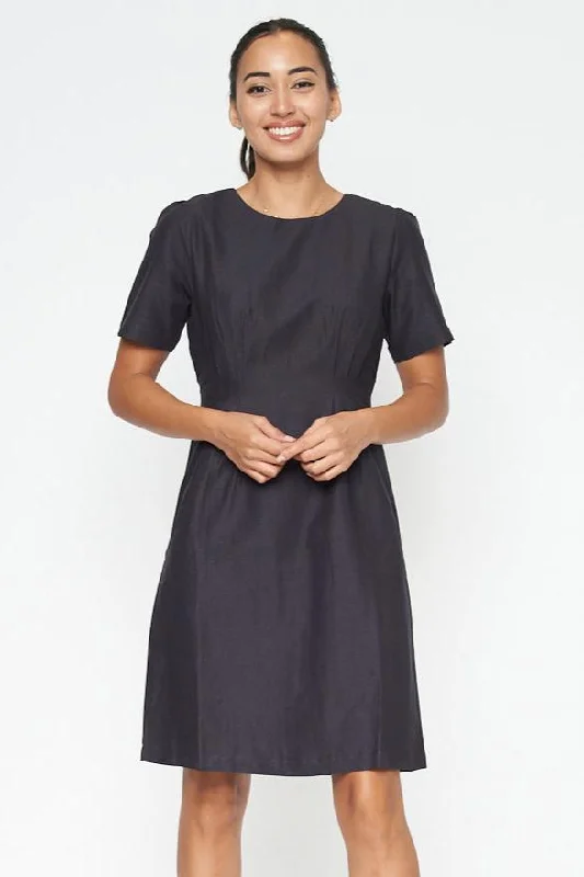 Imeless Style Round Neck Short Sleeve Solid Midi Dress With Zipper Back* (845-00635)