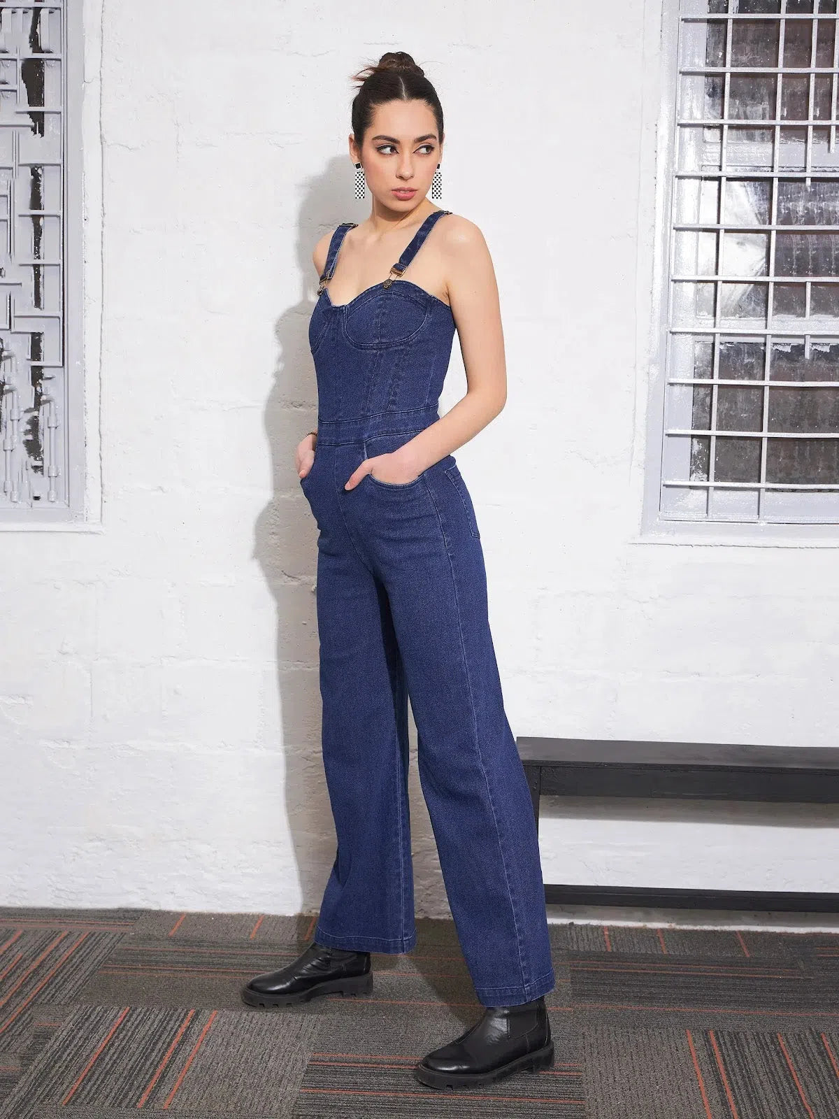 Comfort Centric Apparel Women Navy Denim Sweatheart Strappy Corset Jumpsuit