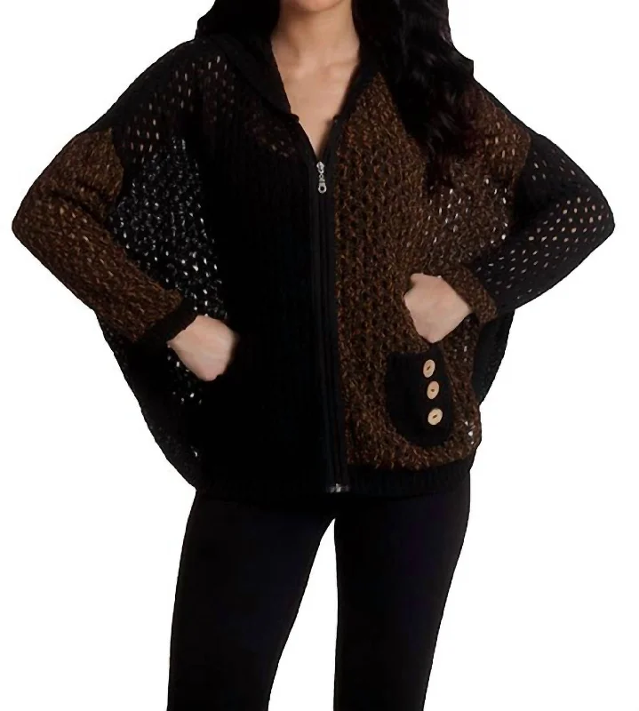 Luxury Women's Fashion Crochet Button Hoodie Poncho In Spiceblack