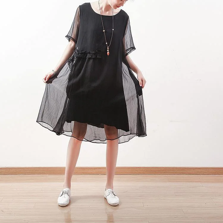 Casual Fashion 2024 black chiffon dresses casual holiday dresses New o neck asymmetric ruffles chiffon clothing dresses