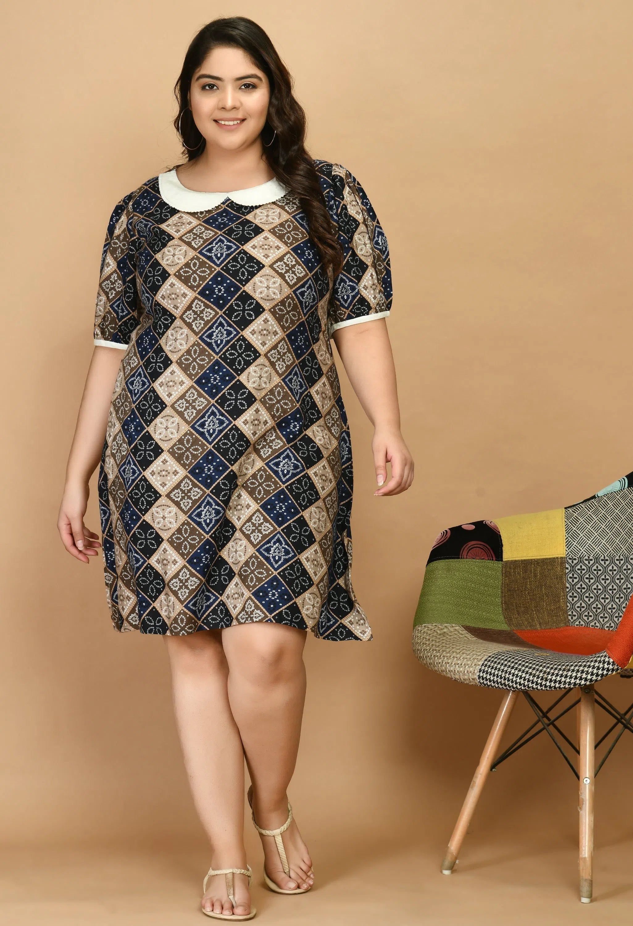 Relaxed Style Plus Size Bandhani Printed Ethnic Dress