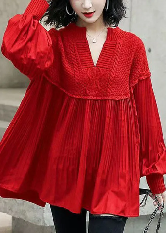 Fashion Sale Stylish Red Knit Patchwork Cotton Shirts Dress Batwing Sleeve