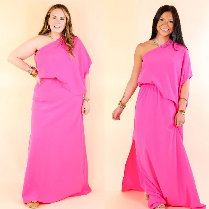 Colorful Clothing Chic Romance One Shoulder Unbalanced Maxi Dress in Fuchsia Pink