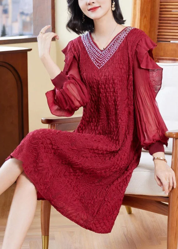 Workwear Fashion for Women Unique Red V Neck Embroidered Ruffled Tulle Patchwork Zircon Mid Dresses Long Sleeve