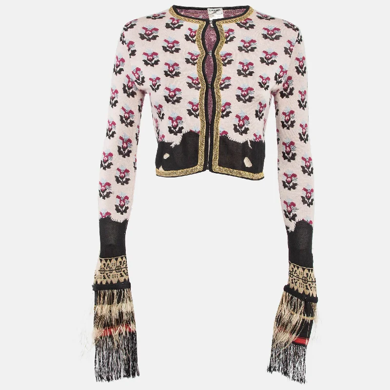 Relaxed Style Chanel Pink Floral Pattern Knit Feather Fringe Detail Cropped Cardigan