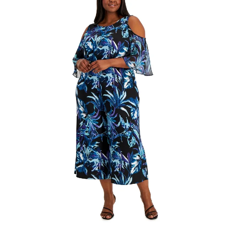 Fashionable Dresses for Women Connected Apparel Womens Plus Printed Wide-Leg Jumpsuit