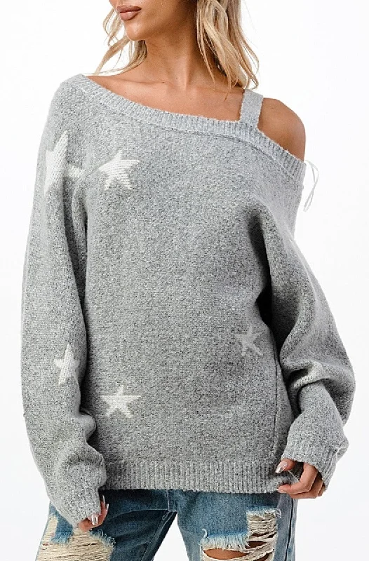 Minimalist Women's Fashion Clothing Cold Shoulder Star Sweater