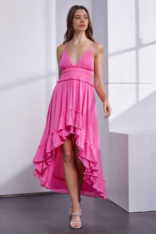 Bold Fashion Asymmetric Ruffle Bottom Hem Open Back Cutout Dress