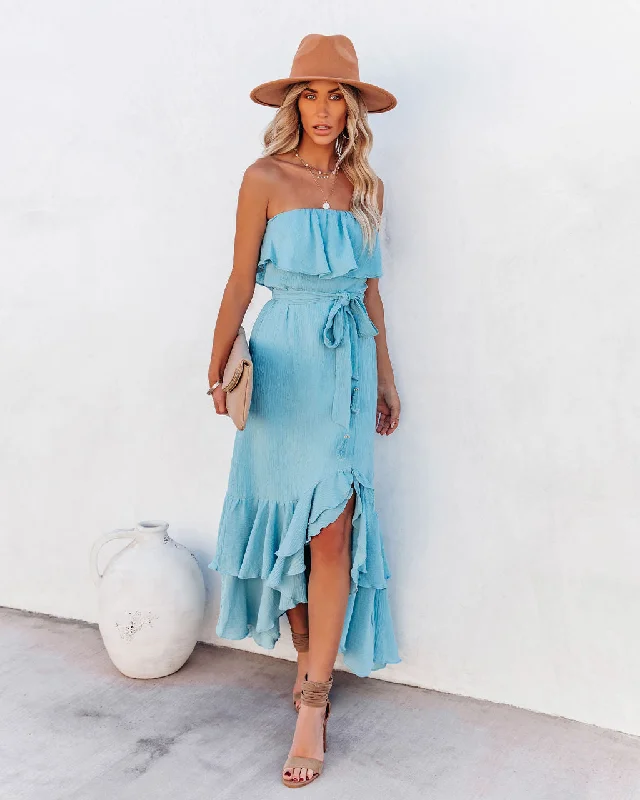 Women's Clothing for Every Season and Trend Rosemont Cotton Linen Strapless High Low Maxi Dress - Blue