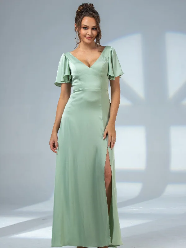 Trendy Aesthetics 2025 Agave Green Bridesmaid Dresses V-neck Flutter Sleeve