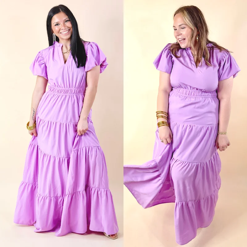 Online Shopping Boutiques Table for Two Tiered Maxi Dress with Puff Sleeves in Lavender Purple