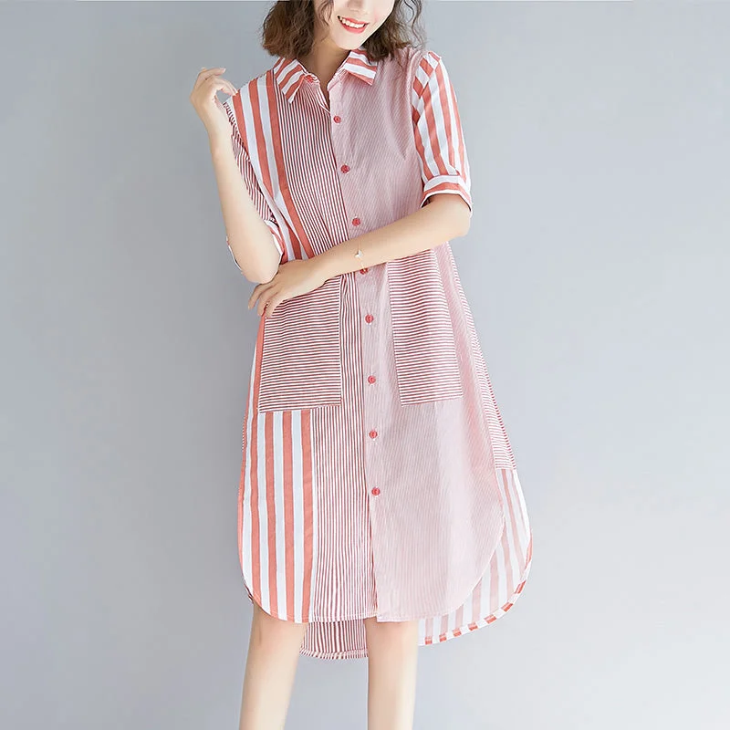 Casual Dresses for Women Loose pink striped Cotton quilting clothes Fun Photography side open Knee patchwork Dress