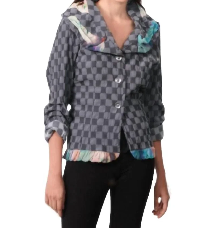 Absurdly Cheap Sale Checkerboard Ruffled Cardigan In Gray/black