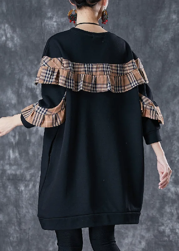 Luxury Women's Clothing Black Loose Patchwork Cotton Sweatshirt Dress Ruffled Fall